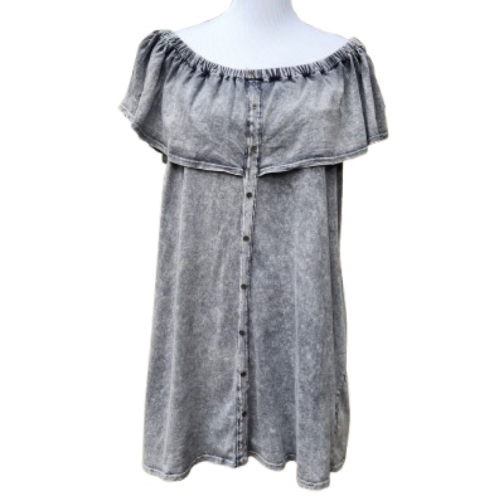 bluheaven Gray Acid Wash Knit Dress Off-Shoulder Faux Button-Up Ruffle Pockets
